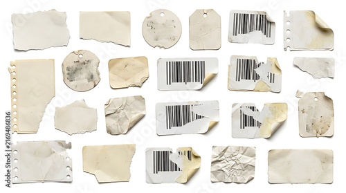 Large set of various torn paper fragments price tags and barcodes isolated with paper scraps retail labels vintage tags blank labels adhesive stickers paper texture barcodes isolated fragment