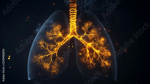 Glowing human lungs with intricate bronchial network illuminated against a deep dark backdrop, concept for medical science and respiratory health awareness