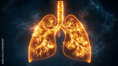 Glowing human lungs with intricate bronchial structure radiating orange light, representing respiratory health and the delicate human anatomy in a medical concept