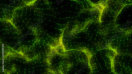 Abstract futuristic wave with moving dots. Flow of colored particles and lines. Cyber technology illustration. Big data visualization. 3d rendering