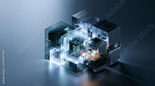 Futuristic modular glass security zones containing an abnormal signal representing network microsegmentation threat isolation data center security and cyber defense