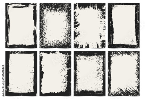 Grunge frame set with distressed black ink borders, scratched overlays and paint brush stroke edges on light background. Vintage noise border collection. Vector illustration for photo, poster, print.