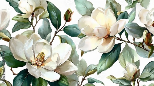 Magnolia Floral Seamless Pattern in Cream and Sage Green