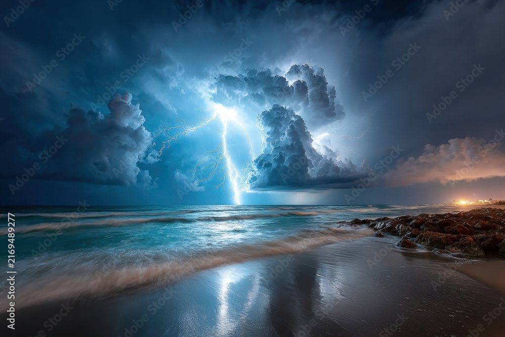 Fototapeta premium Lightning storm over a tranquil beach at night
