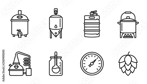 Fotografie Brewing Equipment Icons Set, Beer Making Vector Graphics, Craft Beverage Product