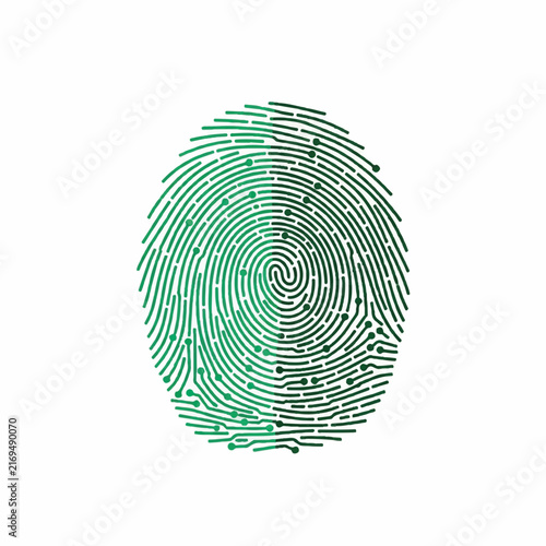 A human fingerprint whorl where the lines transition into square-angled circuit board paths. Solid emerald green and dark forest green lines on a clean white field. High-tech biological fusion.