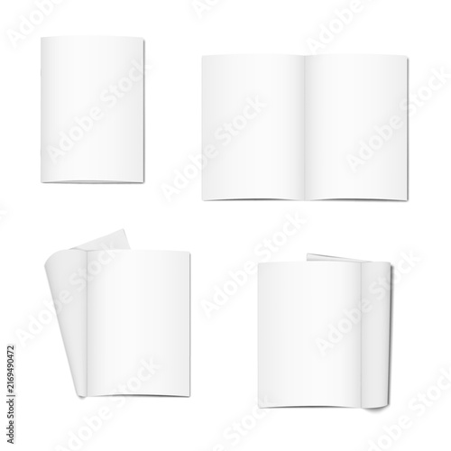 Paperback stapled notebook. Closed, open. Vector 3d mock-up set. Blank softcover brochure, booklet, catalog, magazine. Realistic mockup. Template for design