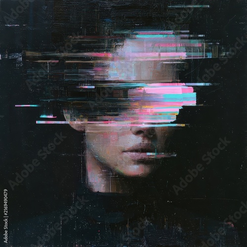 Glitch portrait with obscured face and digital noise