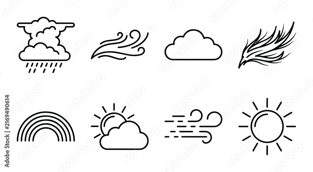 Fototapeta premium Weather Icons Set, Meteorology Symbols, Climate Icons, Forecasting Elements, Nature Symbols