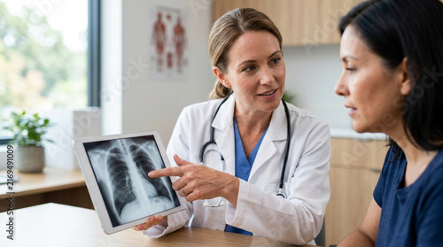 Doctor explaining lung x-ray to patient on tablet in clinic