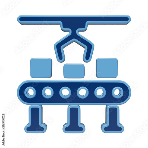 3D rendered icon of an automated assembly line with a robotic claw and boxes, featuring a glossy blue finish on a transparent background, for industry isolated on a transparent background
