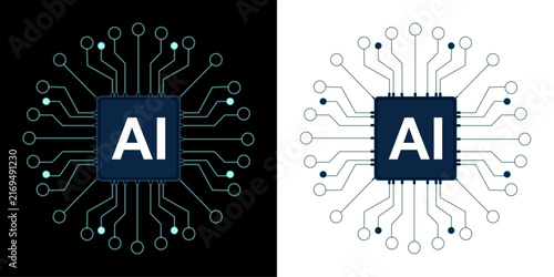 AI Technology Chip Icon with Circuit Board Connections, Artificial Intelligence Network Symbol Isolated on Transparent Background