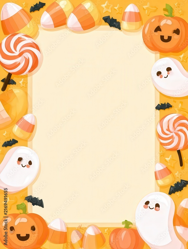 Fototapeta premium Cute Halloween frame with pumpkins ghosts and copy space