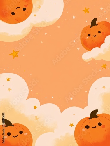 Cute Halloween frame with pumpkins ghosts and copy space