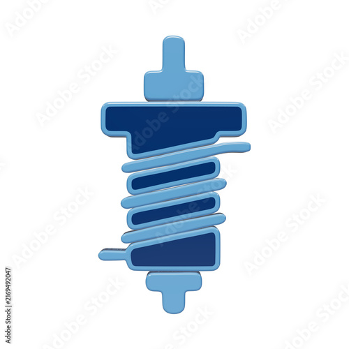 A 3D rendered icon of a blue mechanical coil spring or shock absorber component, isolated on a white background, for engineering and, technical diagrams isolated on a transparent background