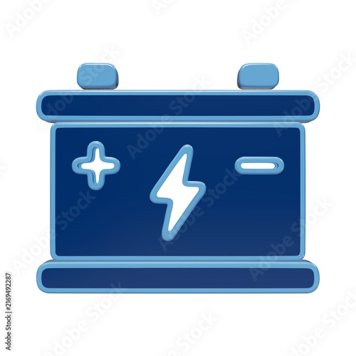 A 3D icon of a car battery with positive and negative terminals and a lightning bolt symbol, rendered in glossy blue, isolated on a white background isolated on a transparent background