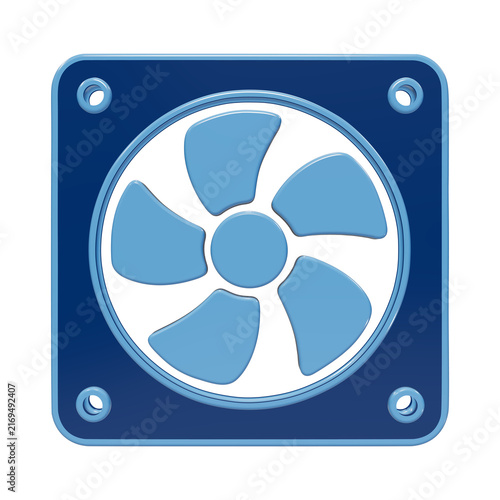 A 3D icon of a computer cooling fan with five blades and a square frame, rendered in glossy blue tones, isolated on a white background, for easy use isolated on a transparent background