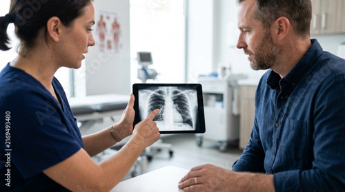 Doctor explaining X-ray results on tablet to male patient in clinic