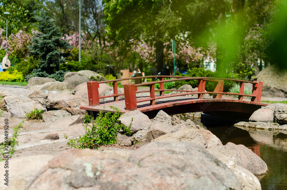 Obraz premium Decorative Garden Bridge Above Water in Blooming Park