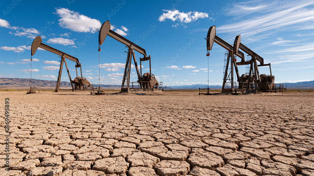 Fototapeta premium Several oil pumps working across a bright arid landscape with cracked earth textures, clean environmental resource extraction concept under a clear colorful sky, oil pumps, arid landscape,