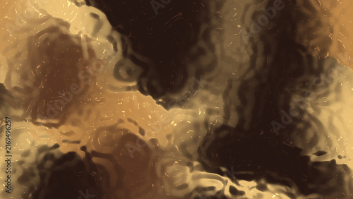 Abstract dark background with melted chocolate gold liquid ripples, distorted glass water reflection texture, and warm bronze metallic wave backdrop for modern design