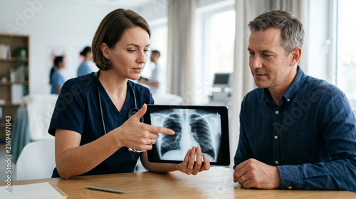 Doctor Explaining X-ray Results to Patient on Tablet
