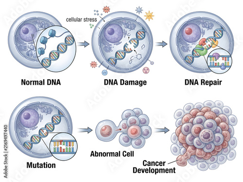 Dna damage, repair, mutation, and cancer development process illustration isolated on white background