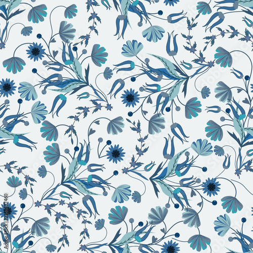 Floral seamless pattern, Flower chintz pattern seamless vector border print. Botanical batik background. Arabesque floral ornament motif for decoration fabric, women clothing, scarf, wallpaper design.