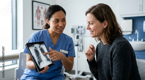 Doctor explaining X-ray to patient in clinic examination room