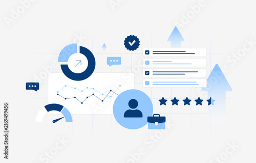 Employee experience with workforce satisfaction, performance insights. Employee engagement tracking, career development and workplace analytics for modern organization flat design vector illustration.