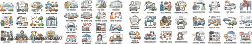Collection of hand-drawn icons representing car dealership business processes and services, vector watercolor style isolated on white