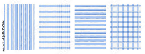 Watercolor blue irregular stripes seamless pattern set. Checkered, gingham and striped background with hand drawn wavy line. Plaid print for wrapping paper, textile and tablecloth. Vector illustration