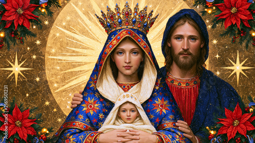 Ornate Golden Icon of the Crowned Madonna and Holy Family Framed by Christmas Poinsettias