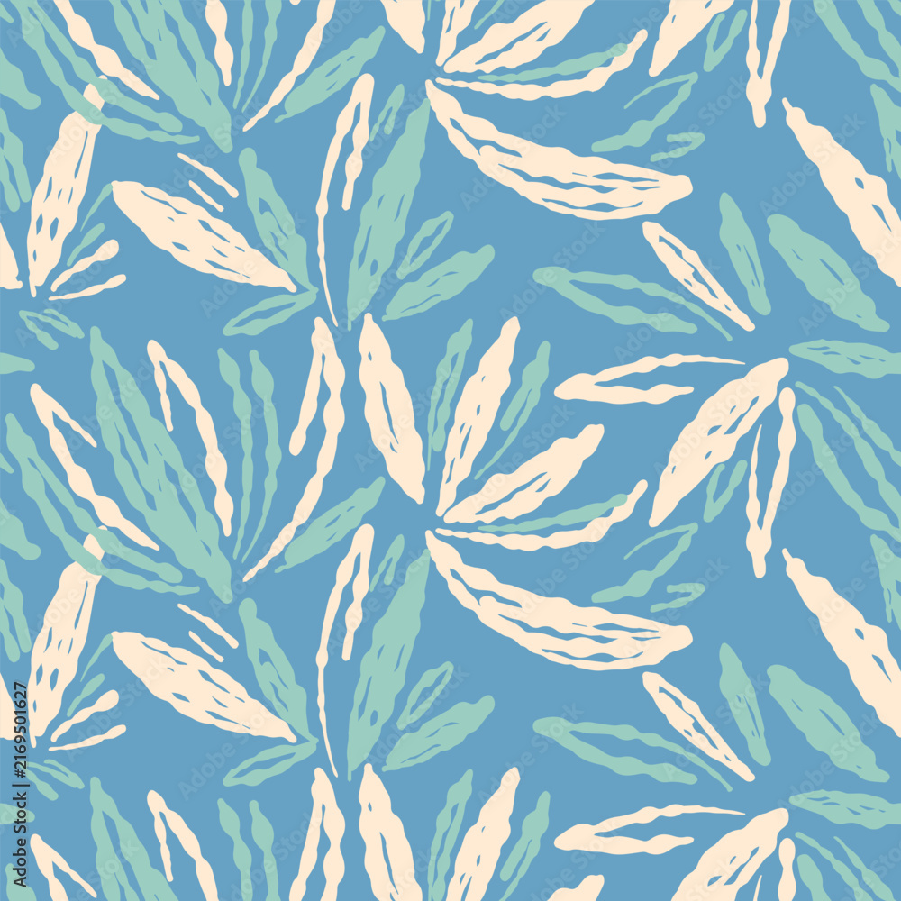 Fototapeta premium Seamless abstract botanical pattern with flowing cream and mint leaves on a turquoise blue background, ideal for fashion fabrics, wallpaper, home decor, stationery and packaging