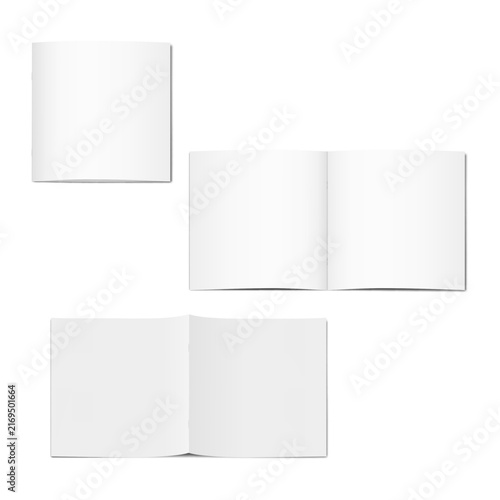 Paperback stapled square notebook. Closed, open. Spread, front and back cover. Vector 3d mock-up set. Blank softcover brochure, booklet, catalog, magazine. Realistic mockup. Template for design
