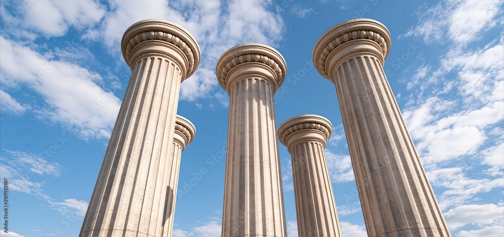 Fototapeta premium Tall classical Greek columns showcase smooth marble texture beneath a vivid sky, representing lasting heritage and durability.