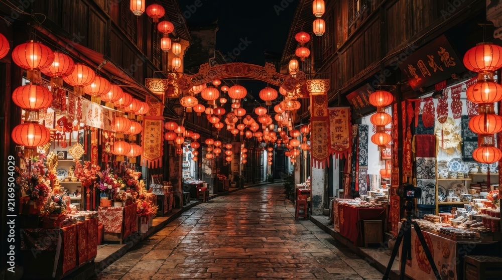 Naklejka premium Lantern-lit Street Market at Night: A vibrant, traditional street market glows under the warm light of countless red lanterns, offering a glimpse into cultural festivities and commerce.