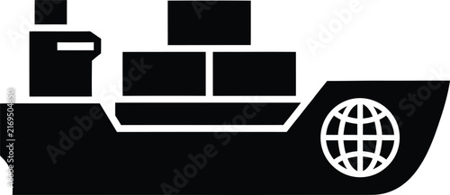 Obraz na plátne Black silhouette icon of a container ship carrying global cargo