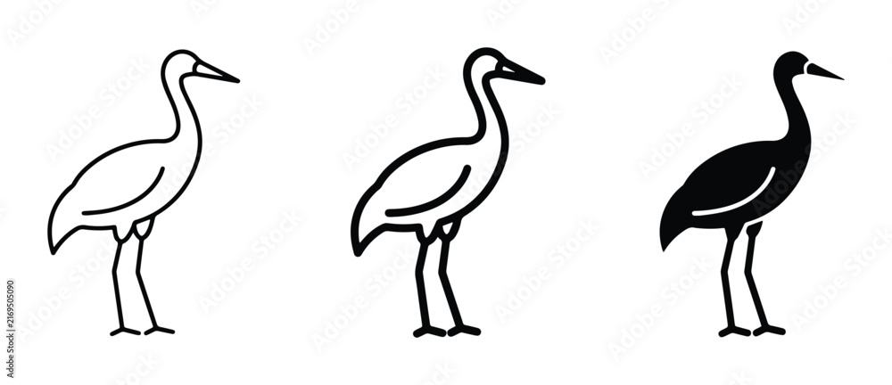 Obraz premium Crane Bird Icons: Simple Line Art, Outline, and Silhouette Vector Graphics