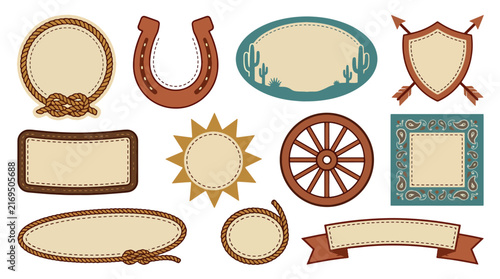 Charming vintage western lasso rope frames, horseshoe, cactus oval badge, shield arrows, wagon wheel, and paisley bandana stickers collection for country design.