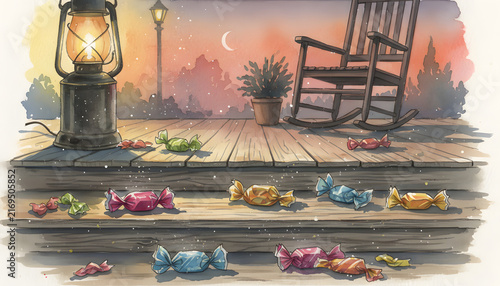 Colorful toy cars on wooden porch at sunset with rocking chair and lantern