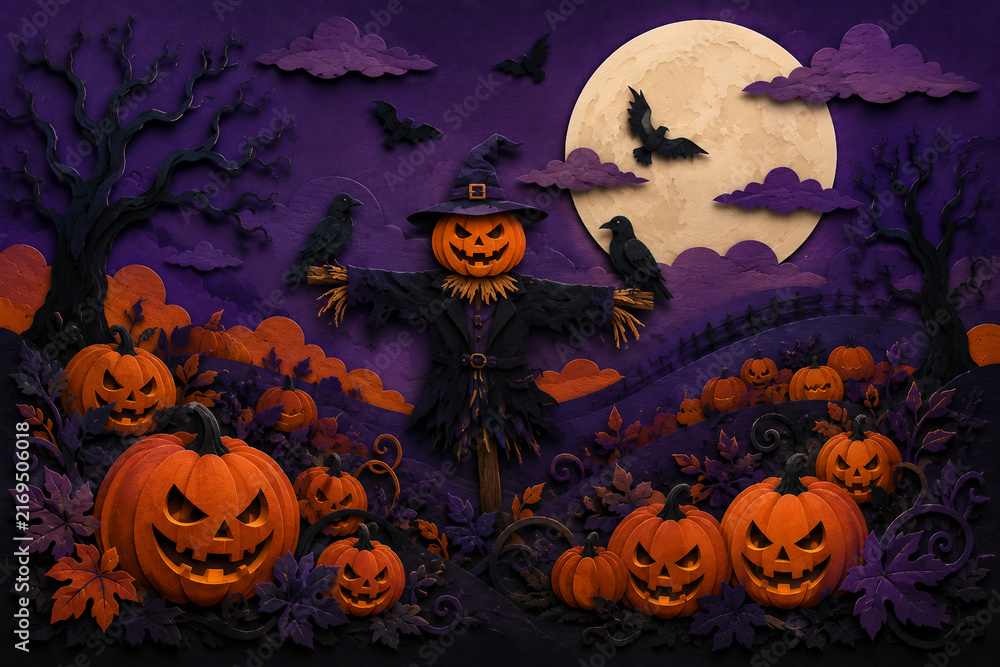 Fototapeta premium Spooky layered paper cut Halloween scene in black, purple and orange, featuring gothic characters, pumpkins, bats, moonlit landscapes and dark copy space.