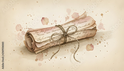 Rolled parchment scroll with string and ink splatters for historical or artistic themes