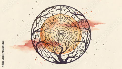 Abstract Firefly Illustration with Warm Colors and Fine Line Art
