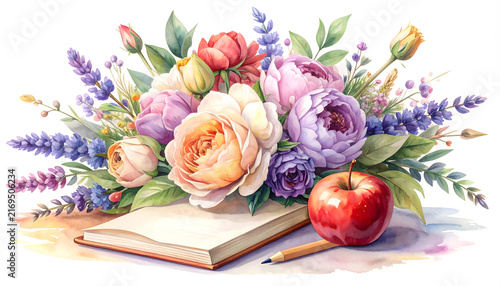 Floral arrangement with open notebook and apple for spring or education