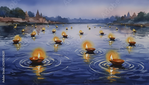 Nighttime Lantern Festival with Floating Lights on Water