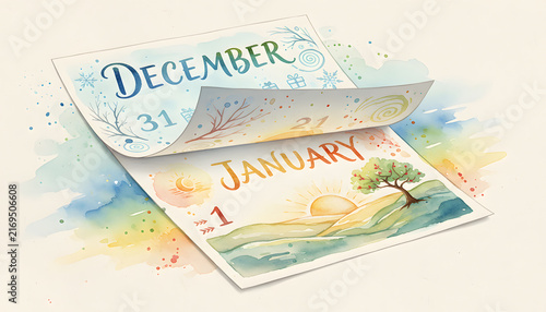 Close-up of torn calendar pages showing December and January dates