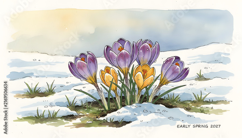 Watercolor Painting of Purple and Yellow Crocus Flowers in Spring Garden