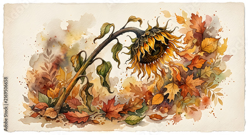 Watercolor Painting of a Sunflower with Autumn Leaves