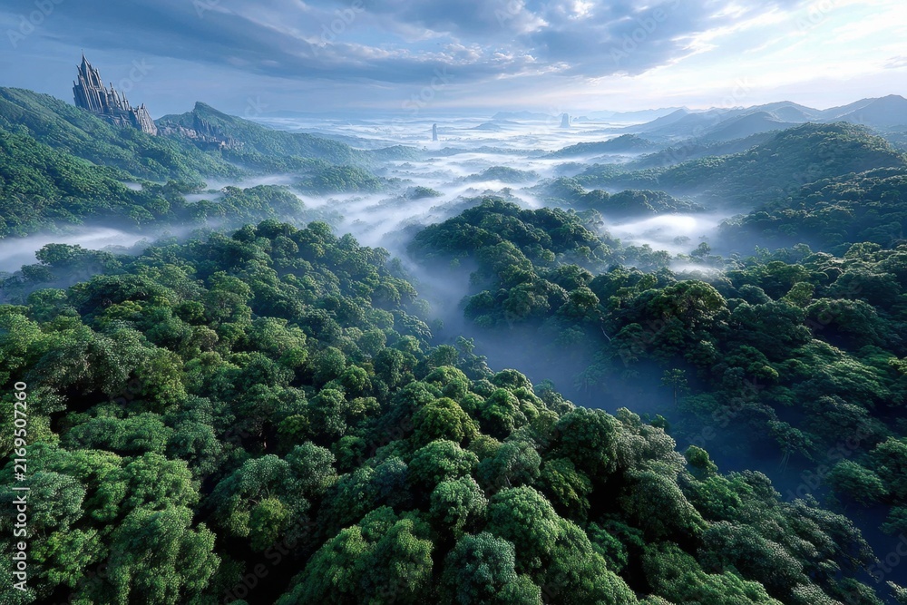 Obraz premium Misty rainforest valley with distant castle and towers